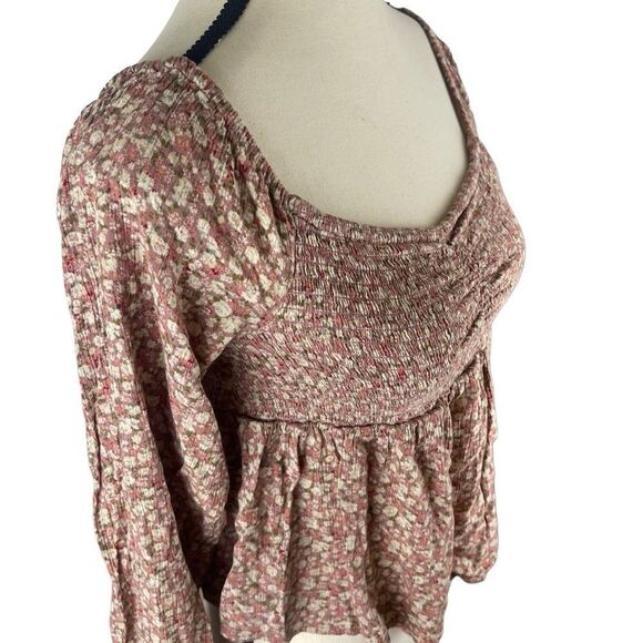 American eagle outfitters smocked floral peplum sleeve crop top blouse sz S - Picture 6 of 8